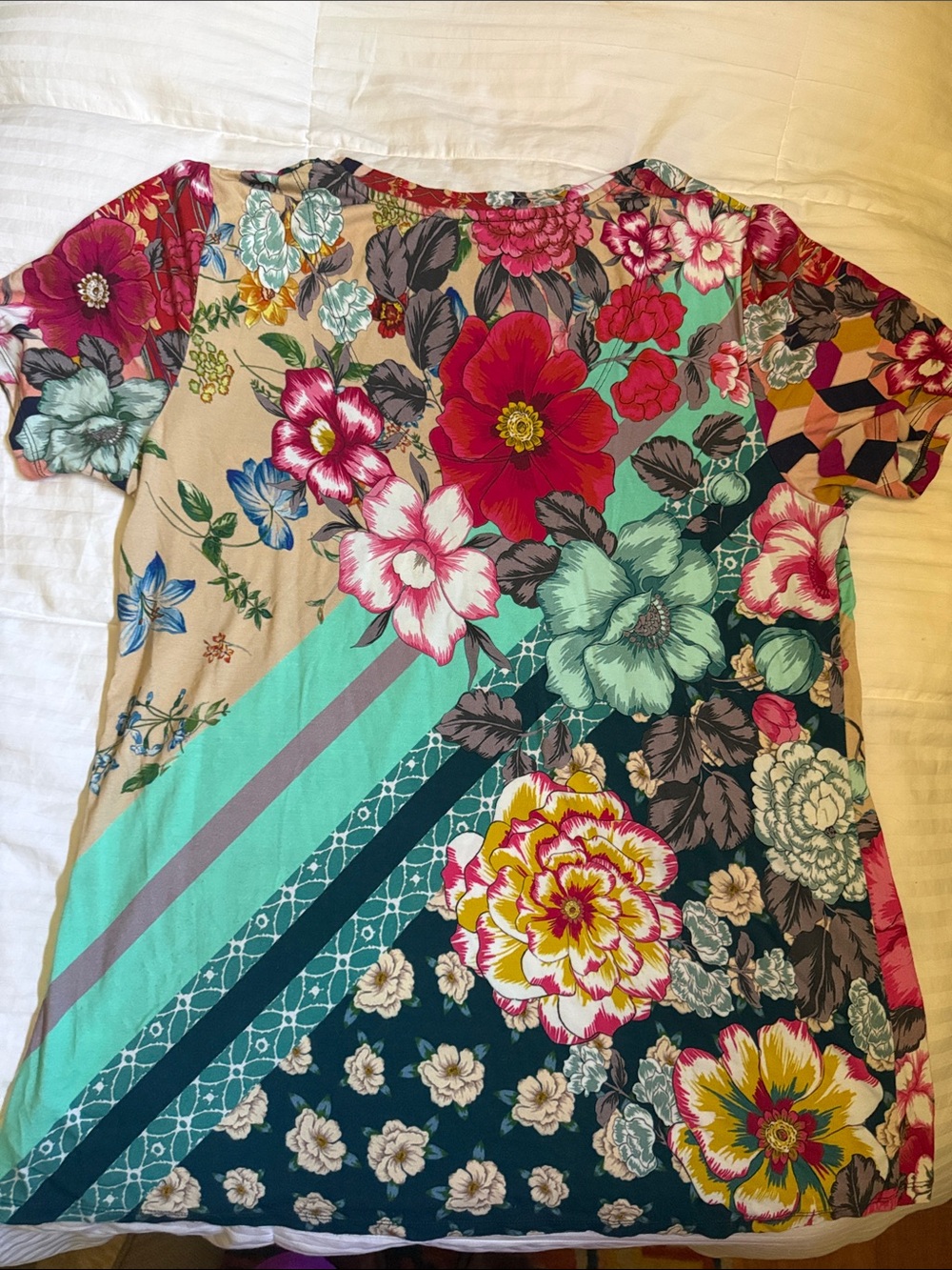 Johnny Was Teal Floral Short Sleeve Tee with Pink & Yellow Accents